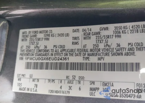 2014 Ford Escape Se из США, поврежденный, VIN 1FMCU0GX6EUD24361